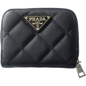 New Prada Black Quilted Pebbled  Leather Wallet ID Coin Purse Zipper